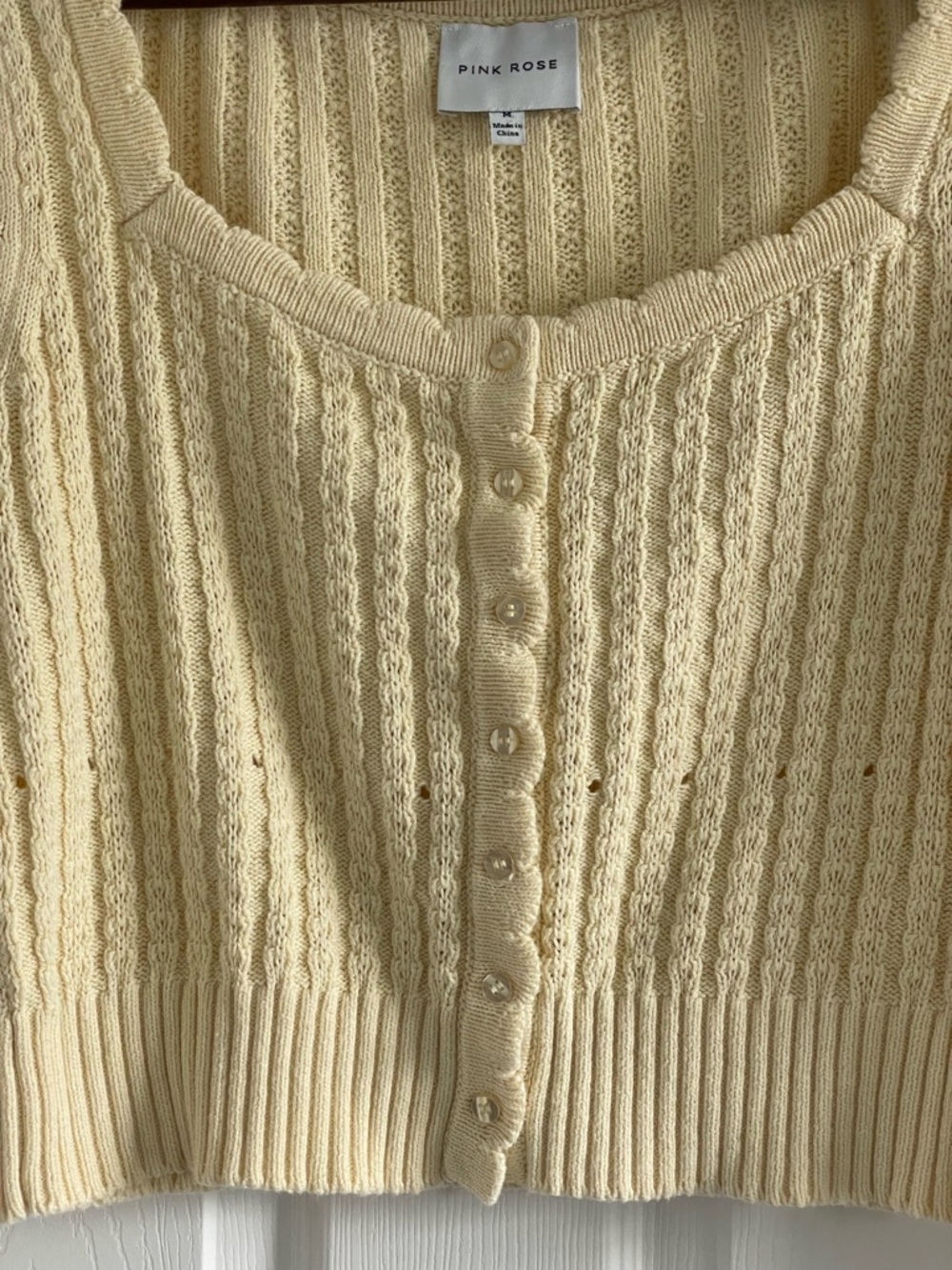 Pink Rose Butter Yellow Cable Knit Cardigan Cropped Spring Romantic Blouse - Picture 4 of 5